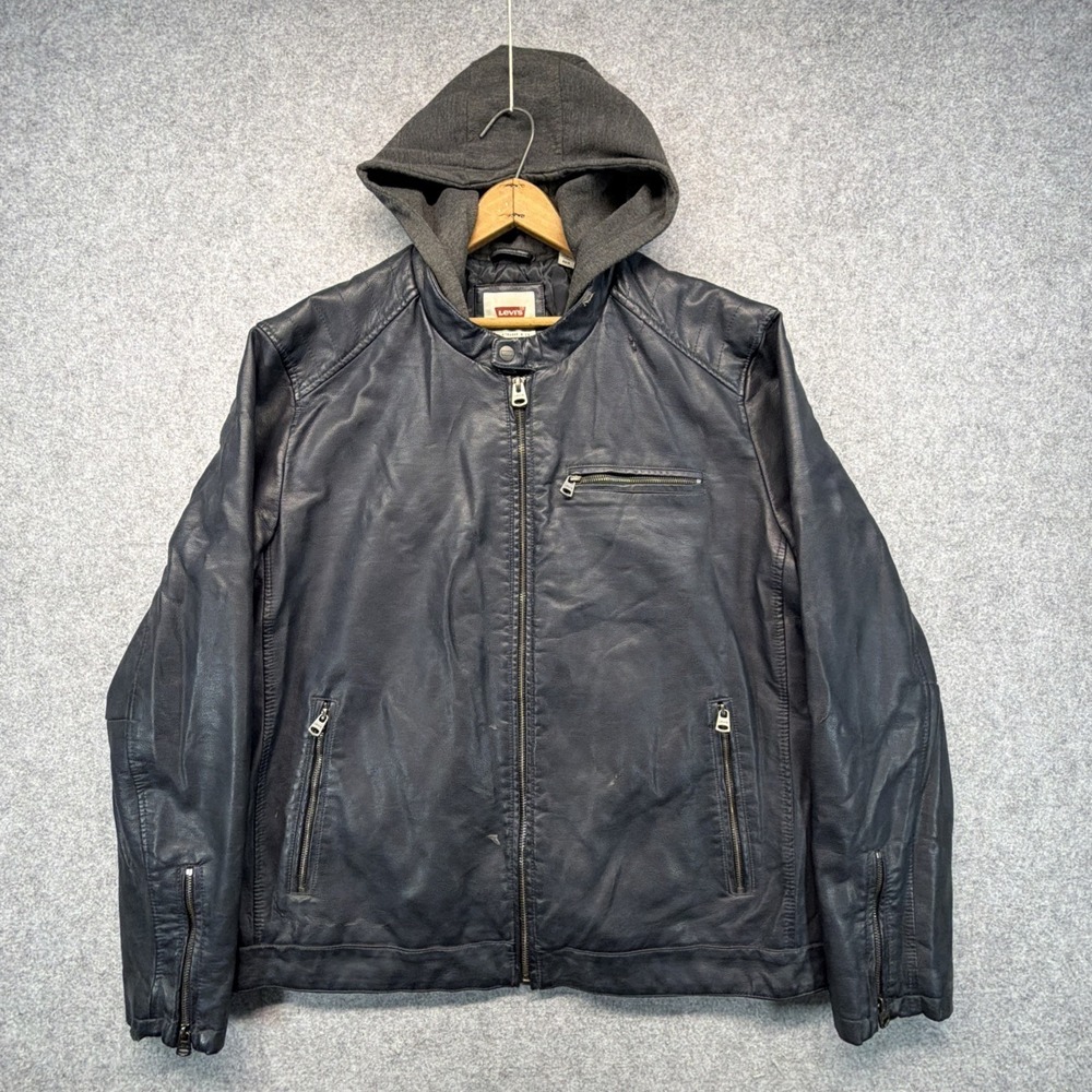 Levi's Men's Faux Leather Jacket Hooded Zipper Mens XXL Quilted Lined